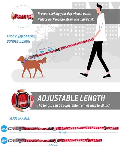 Tactical Bungee Shock Absorbing No Pull Dog Leash (Red plaid)