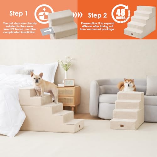 Dog Stairs for High Bed 25" H (Beige / Extra Wide 17.7" x 35" x 25")
