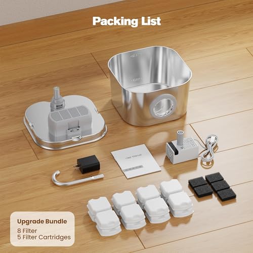 74oz Stainless Steel Cat Water Fountain with 8 Filters + 5 Sponges