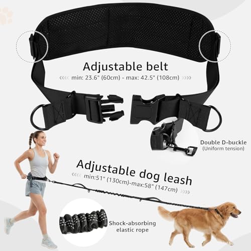 Hands Free Dog Leash with Waist Pack Bungee for Running Black (Black)