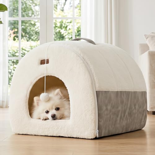 2in1 Cat Bed Cave for Indoor Cats & Small Dog (L - 17.0"L x 20.0"W x 15.9"H / Cream)