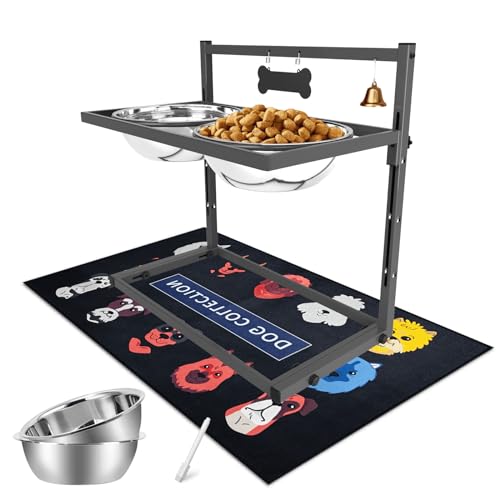 Elevated Dog Bowls for Large Dogs and Extra Large Sized Dog Raised Dog Bowl Stand Adjustable Height with Two 3000ML (Grey - 106oz Bowl & Mat / X-Large Dogs)
