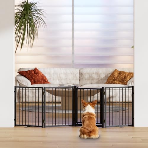 Full Metal Freestanding Dog Gate with Door (【4 Panels】80"W*24H" / Black)