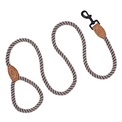 Dog Leash Braided Cotton Rope with Leather (Camel / 72 Inch-1/2")