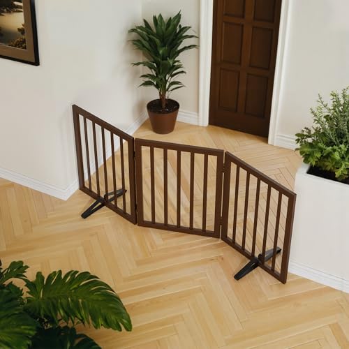 Wooden Dog Gate Freestanding Foldable 3 Panel Pet Gates Extra Wide Dog Gates for Indoor Doorways Stairs 24in Height Support Feet Included (Dark Brown / 3 Panel - 55 inches Wide)