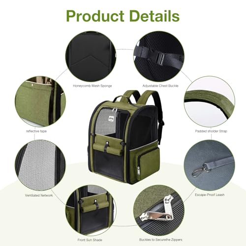 Large Cat Backpack Carrier Expandable Pet Carrier Backpack for Small Dogs Medium Cats Fit Up to 18 Lbs (Dark Green)