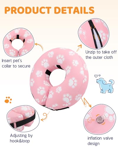 Inflatable Dog Cone Collar Alternative After Surgery (T Paw Pink / S(Neck 7"-9.5"))