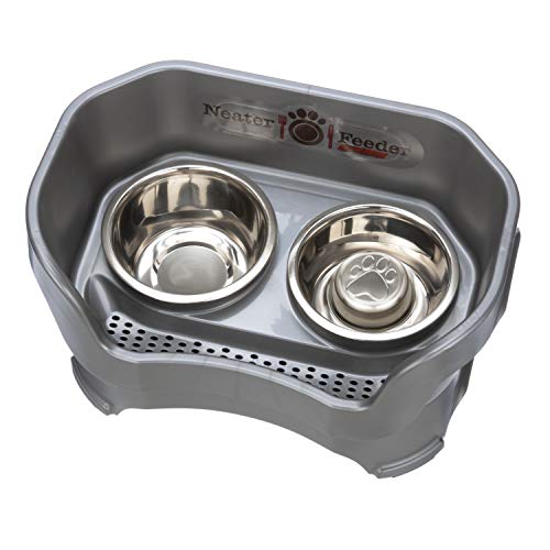 Neater Feeder Deluxe Mess Proof Dog Bowls Elevated for Medium Sized Breeds (Medium with Slow Feed Bowl / Gunmetal Grey)