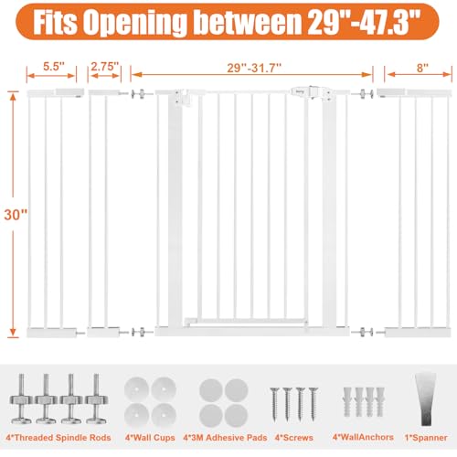 29" 47.3" Extra Wide Baby Gate for Stairs (White / 29-47.3"Wide, 30"Tall)