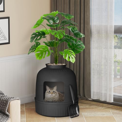 Hidden Plant Cat Litter Box with Stainsteel Scoop (Black)