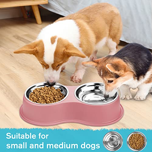 Stainless Steel Dog Bowls Double Non (Medium-18oz / 3.Pink)