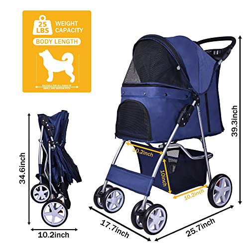 Pet Stroller 4 Wheels Multifunction Dog Cat Stroller (Navy)