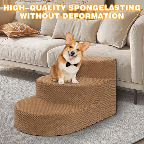 Dog Stairs 3 Steps Foam Pet Ramp for Small Dogs Cats (Khaki-3-Step)