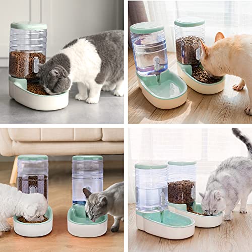 Automatic Dog Cat Feeder and Water Dispenser Gravity Food Feeder and Waterer Set with Pet Food Bowl for Small Medium Dog Puppy Kitten (Green)