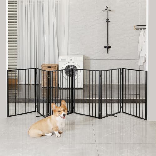 Metal Freestanding Dog Gates with Door for Outdoor Indoor (Black / 【6 Panels with Door】 32''H*120''W)