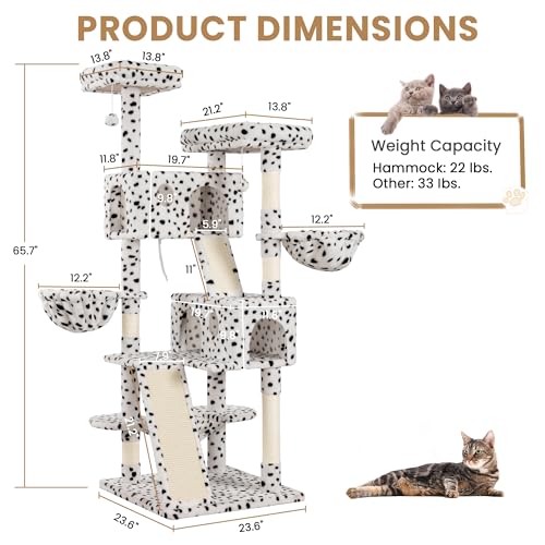 65in Larger Cat Tree Tower Condo for Indoor Kitties (White & Black Spot)