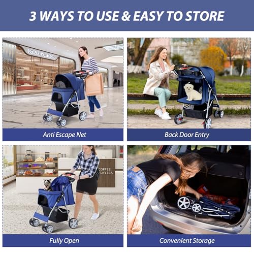 Foldable 4 Wheel Pet Stroller for Dogs Cats 10 (Navy Blue)