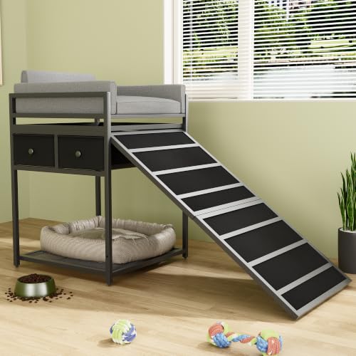 Dog Window Perch & Retractable Stairs and Storage Drawers (Black&Grey)