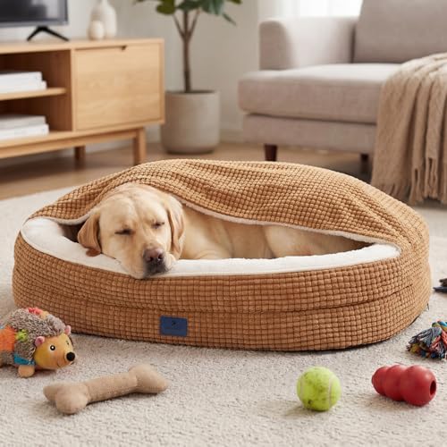 2-in-1 Dog Cave Bed with Cover, Covered Dog Bed for Large Dogs (Brown / 48"L x 35"W x8"Th)