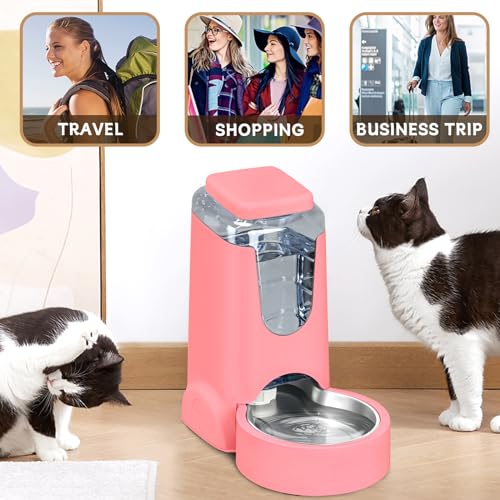Automatic Cat Feeder and Water Dispenser with Stainless Steel Bowl Dog Gravity Food Feeder and Waterer for Small Medium Pets Puppy Kitten 1 Gallon x 2 (Pink)
