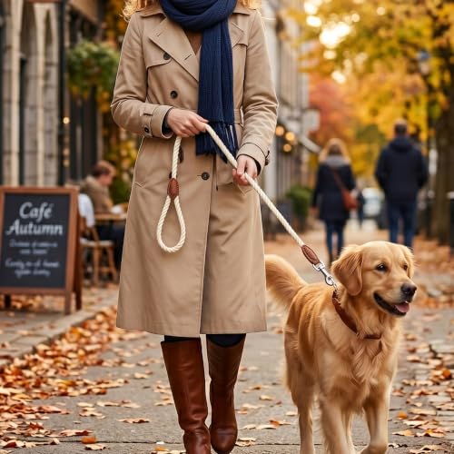 Dog Leash Braided Cotton Rope with Leather (Cream White / 72 Inch-1/2")