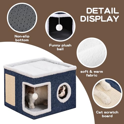 Large Cat Houses for Indoor Cats with Fluffy Ball and Scratch Pad (SingleAB / Large)
