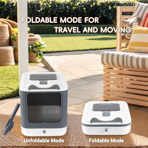 Foldable Enclosed Cat Litter Box with Lid (White&Grey)