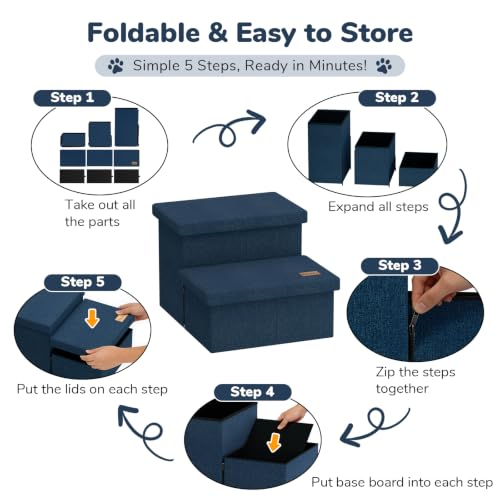 2 Step Wide Dog Stairs with Storage 11" H (Navy / 20"D x 13"W x 11"H)