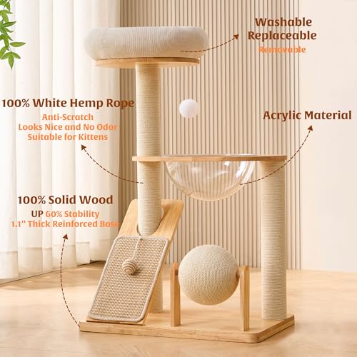 Solid Wood Cat Tree Tower with Scratching Post (White-Corduroy)