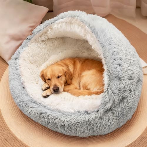 Round Plush Fluffy Hooded Cat Bed Cave (30.0"L x 30.0"W x 6.5"Th / grey)