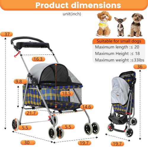 Foldable Pet Stroller for Small (Yellow Plaid)