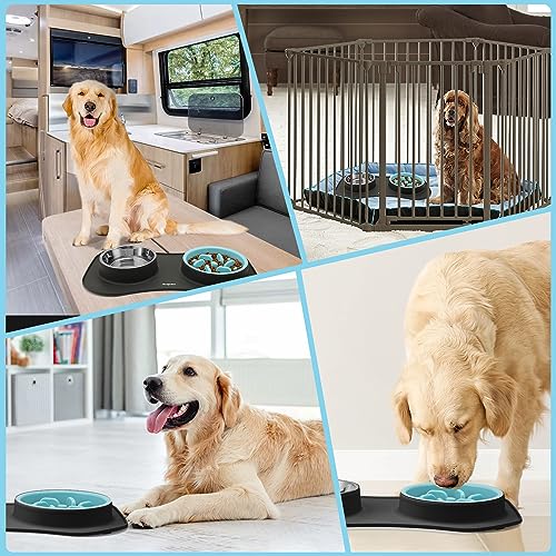 Slow Feeder Dog Bowls 3 in 1 Stainless Steel Food Water Bowl to Slow Eating (Large Breed / Dark Grey)