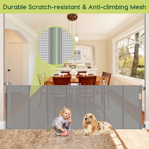 Reinforced 80 Inch Extra Wide Retractable Dog Gate to Prevent Crawling Through (Gray / 33" Tall x 80" Wide( With Reinforced Bar ))