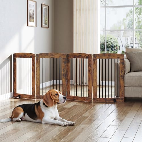 Indoor Dog Gate with Support Feet (Rustic Brown / 【4 Panels】80.3"L x31.5"H)