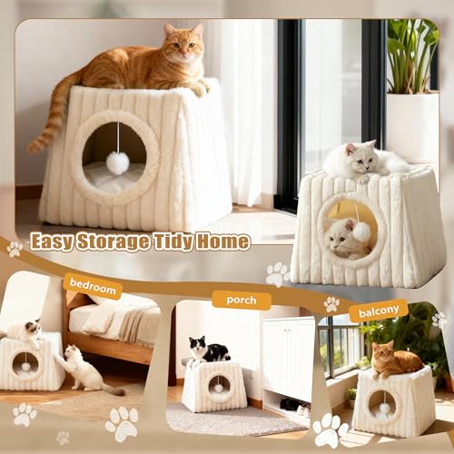 Cat Cave Bed 15.74"x15.74"x13.38" Large with Balls (Whiite / Large)