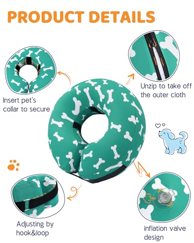 Inflatable Dog Cone Collar Alternative After Surgery (T Bone Green / L(Neck 12"-16"))