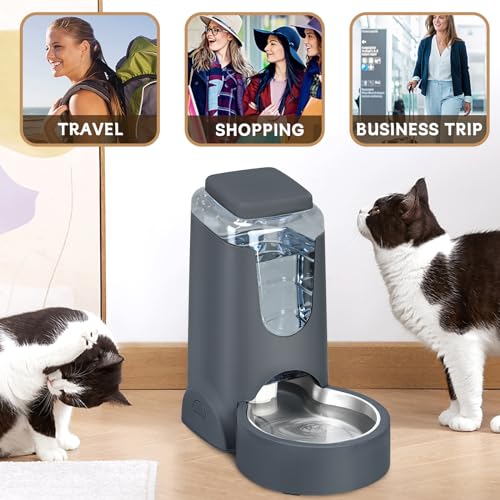 Automatic Cat Feeder and Water Dispenser with Stainless Steel Bowl Dog Gravity Food Feeder and Waterer for Small Medium Pets Puppy Kitten 1 Gallon x 2 (Charcoal gray)