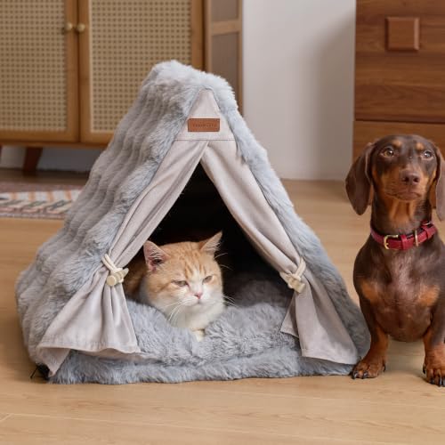 Cat Cave Bed Sturdy Frame Washable Cat Tent Bed with Curtain (Grey / 20"L x 20"W x 17"Th)