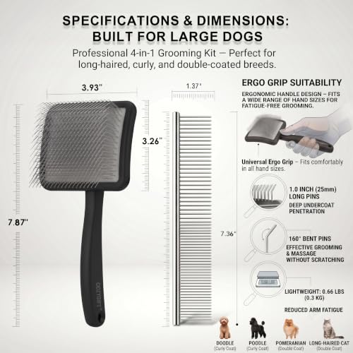 Slicker Brush for Dogs Grooming Kit with Cleaning Rake Tool 4PCS (Black)