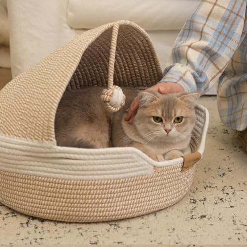 Cat Basket Bed with Washable Cushion and Ball Rope Cotton (White)