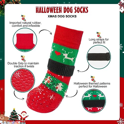 Christmas Dog Socks to Prevent Licking Paws for Cold Pavement (Christmas Red & Green / L(Pack of 4))