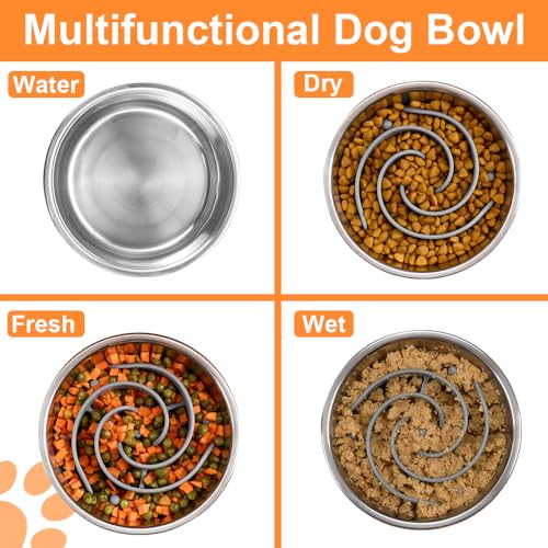 2-in-1 Metal Dog Bowl with Slow Feeder Insert, Stainless Steel Dog Bowls Food Grade 304, Water Food Bowl with Anti-Slip Silicone Base for Small, Medium, Large Dogs (2 Cups / Grey)