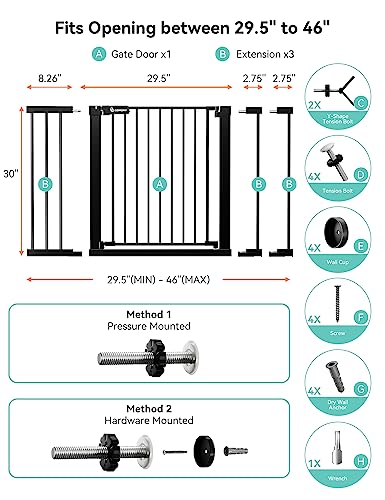 30" Tall Baby Gate for Stairs Doorways (30"Tall 46"Wide / Black)