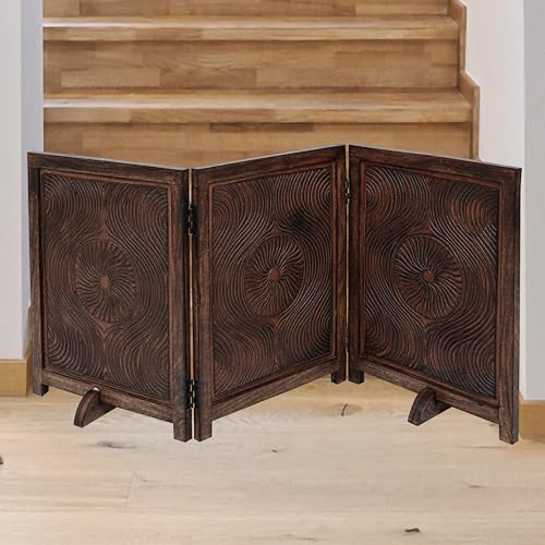 Freestanding Pet Gate for Dogs (Burnt / 54x22.5" 3 Panel Carving)
