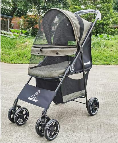 4 Wheel Dog Cat Pet Stroller Best Lightweight Foldable Compact Portable Jogger All Terrain Travel Pet Gear Puppy Doggie Bunny Kitty Stroller for up to 30lbs Medium Small Dogs Cats (sage green)