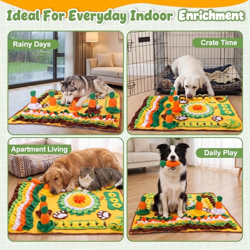 Large Snuffle Mat for Dogs Set 40'' x 30'' Colorful Nosework Feeding Mat with 5 Squeaky Carrots Cotton and 1 Cotton Rope Toy Interactive Foraging Puzzle for Stress Relief Slow Feeding