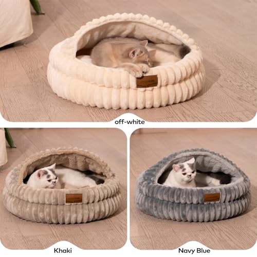 Cat Cave Bed for Indoor Cats Covered Hooded Pet Bed with Cushion (White)