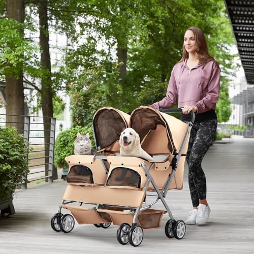 Double Pet Stroller for 2 Small Dogs & Cats (Khaki)