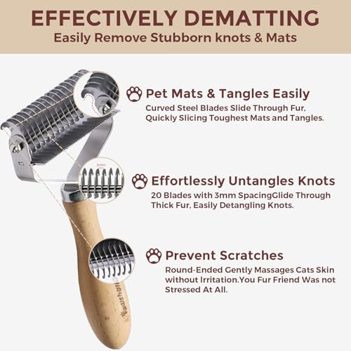 3-in-1 Professional Pet Shedding Dematting Comb - Deshedding Undercoat Rake for Dogs with Stainless Steel Blades Metal Pet Brush with Wood Handle Matted Hair Detangling Thinning and Shedding (Upgraded 3-in-1 Comb)