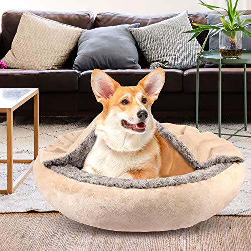 Dog Beds for Small Medium Dogs with Hooded Blanket (Medium (26"x26"x6") / Beige Brown)